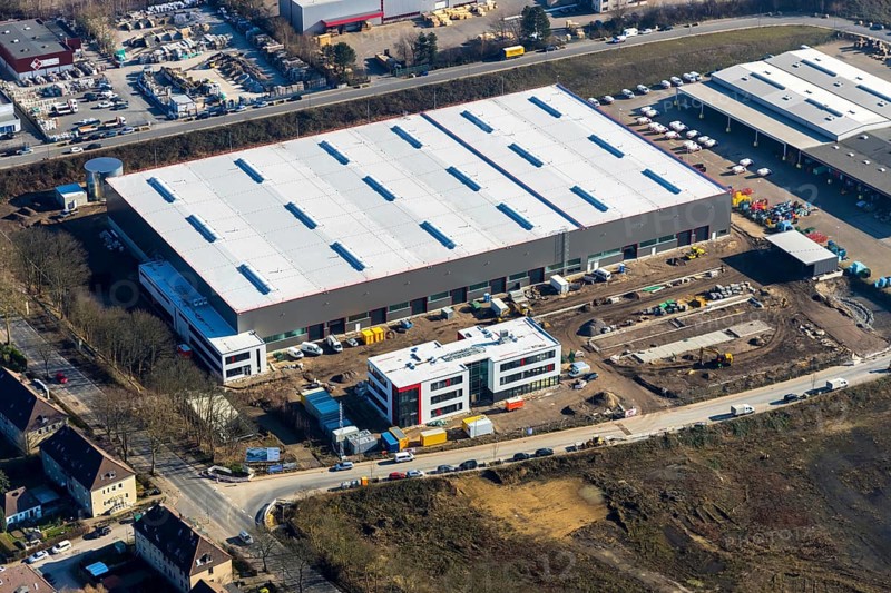 Aerial view, construction site new building BROCK Kehrtechnik GmbH, company headquarters, production site, Arnoldschacht, Werne, Bochum, Ruhr area, North Rhine-Westphalia, Germany, construction work, construction area, construction site, building plots, construction project, construction site, DE, development, Europe, commercial area, commercial area, commercial use, industrial site, capacity requirements, aerial view, aerial photography, aerial photography, new construction, overview, bird's-eye view, former coking plant site Robert Müser, overview