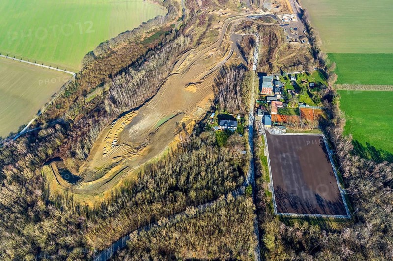 Aerial view, construction site Harpener Bach, football ground SC Werne 02 e.V. - Platz Amalia, Harpener Hellweg, Werne, Bochum, Ruhr area, North Rhine-Westphalia, Germany, construction, construction area, construction site, DE, development, Europe, aerial view, aerial photography, aerial photography, overview, bird's-eye view, meadows and fields, birds-eyes view, overview