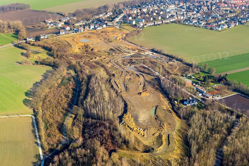 Aerial view, construction site Harpener Bach, Harpener Hellweg, Werne, Bochum, Ruhr area, North Rhine-Westphalia, Germany, construction, construction area, construction site, DE, development, Europe, aerial view, aerial photography, aerial photography, overview, bird's-eye view, meadows and fields, birds-eyes view, overview