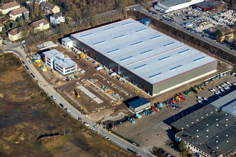 Aerial view, construction site new building BROCK Kehrtechnik GmbH, company headquarters, production site, Arnoldschacht, Werne, Bochum, Ruhr area, North Rhine-Westphalia, Germany, construction work, construction area, construction site, building plots, construction project, construction site, DE, development, Europe, commercial area, commercial area, commercial use, industrial site, capacity requirements, aerial view, aerial photography, aerial photography, new construction, overview, bird's-eye view, former coking plant site Robert Müser, overview