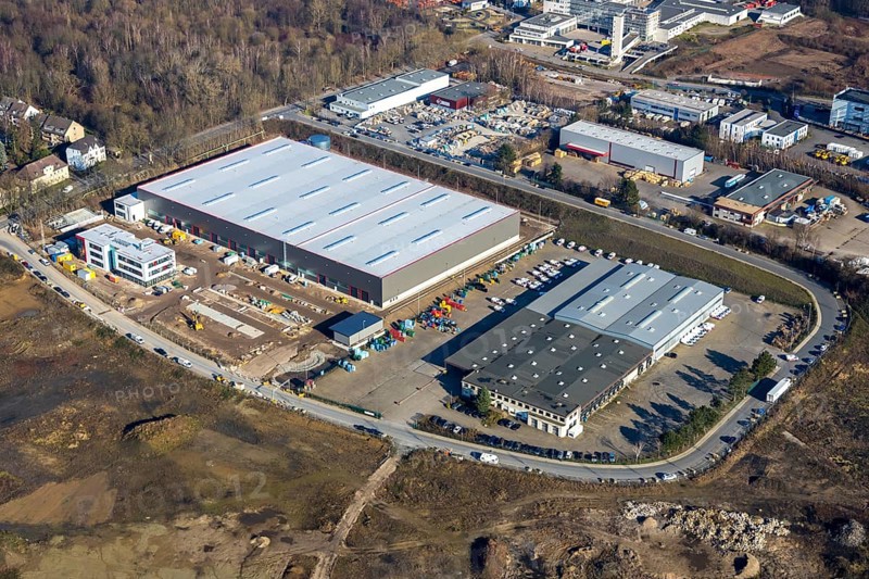 Aerial view, construction site new building BROCK Kehrtechnik GmbH, company headquarters, production site, Arnoldschacht, Werne, Bochum, Ruhr area, North Rhine-Westphalia, Germany, construction work, construction area, construction site, building plots, construction project, construction site, DE, development, Europe, commercial area, commercial area, commercial use, industrial site, capacity requirements, aerial view, aerial photography, aerial photography, new construction, overview, bird's-eye view, former coking plant site Robert Müser, overview