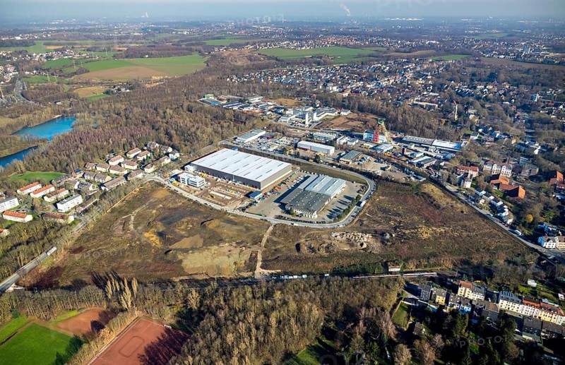 Aerial view, construction site new building BROCK Kehrtechnik GmbH, company headquarters, production site, Arnoldschacht, Werne, Bochum, Ruhr area, North Rhine-Westphalia, Germany, construction work, construction area, construction site, building plots, construction project, construction site, DE, development, Europe, commercial area, commercial area, commercial use, industrial site, capacity requirements, aerial view, aerial photography, aerial photography, new construction, overview, bird's-eye view, former coking plant site Robert Müser, overview