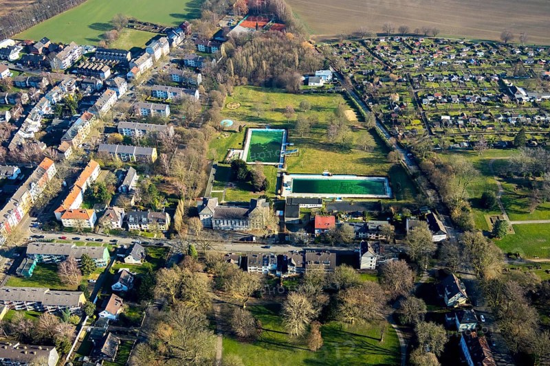 Aerial view, outdoor swimming pool Werne, Bramheide, Werne, Bochum, Ruhr area, North Rhine-Westphalia, Germany, bathing establishment, bathing resort, DE, Europe, outdoor swimming pool, leisure, leisure pool, leisure activities, aerial photography, aerial photography, aerial photography, swimming pool, overview, bird's eye view, birds-eyes view, overview