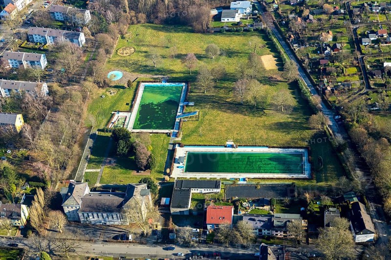 Aerial view, outdoor swimming pool Werne, Bramheide, Werne, Bochum, Ruhr area, North Rhine-Westphalia, Germany, bathing establishment, bathing resort, DE, Europe, outdoor swimming pool, leisure, leisure pool, leisure activities, aerial photography, aerial photography, aerial photography, swimming pool, overview, bird's eye view, birds-eyes view, overview