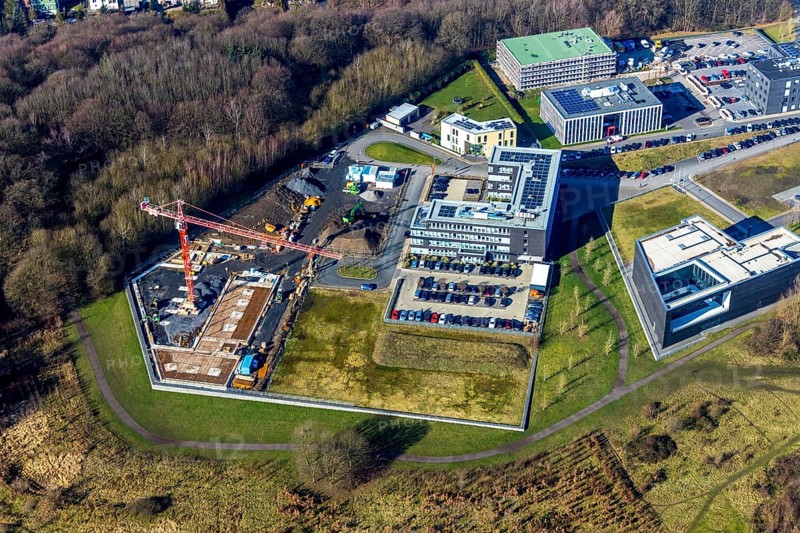Aerial view, health campus south, construction site, Querenburg, Bochum, Ruhr area, North Rhine-Westphalia, Germany, DE, Europe, health campus, health science, commercial area, commercial park, commercial use, aerial photograph, aerial photography, aerial photography, overview, bird's-eye view, overview