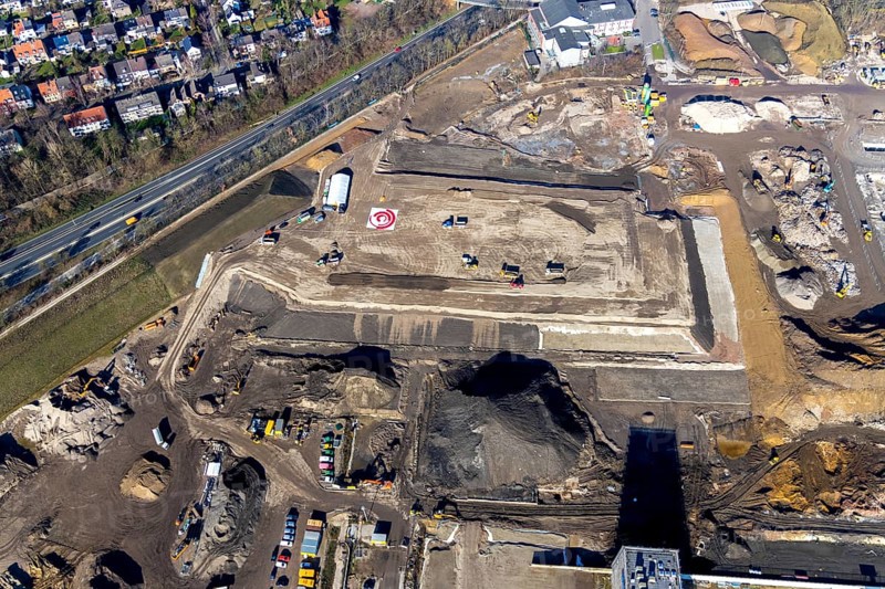 Aerial view, MARK 51Â°7 industrial estate, construction site former Opel site, Laer, Bochum, Ruhr area, North Rhine-Westphalia, Germany, expansion areas, construction, construction area, construction site, construction project, construction site, DEU, earthworks, renewal, development, Europe, Mark 51/7 industrial estate, capacity requirements, aerial view, aerial photography, aerial photography, Opel site, overview, bird's eye view, growth, becoming and growing, birds-eyes view, former Opel site, overview