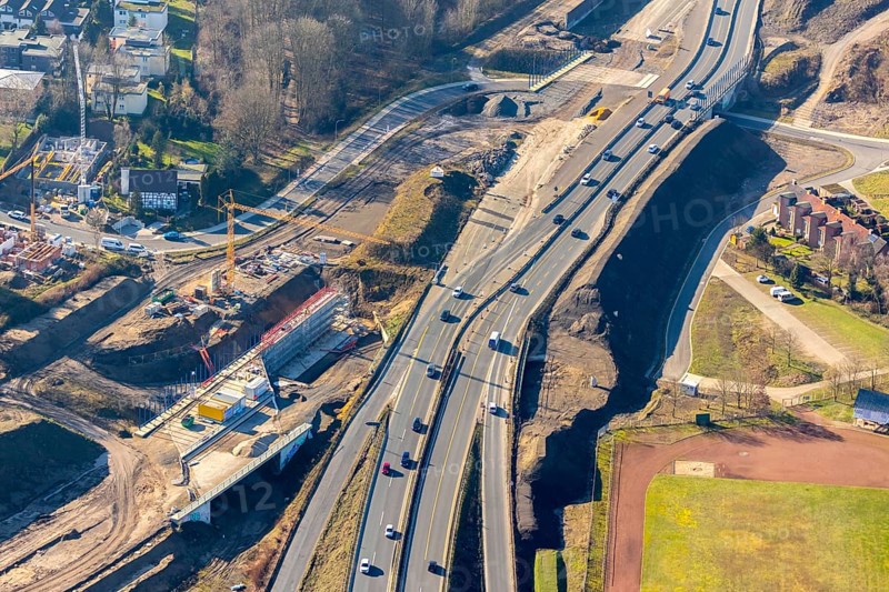 Aerial view, MARK 51Â°7 industrial estate, Nordhausen-Ring and Steinkuhlstraße, construction site, Wiemelhausen, Bochum, Ruhr area, North Rhine-Westphalia, Germany, construction work, construction area, construction site, construction crane, construction measure, construction project, DE, development, Europe, capacity requirement, aerial view, aerial photography, aerial photography, Nordhausen-Ring, road traffic, overview, traffic, bird's-eye view, overview