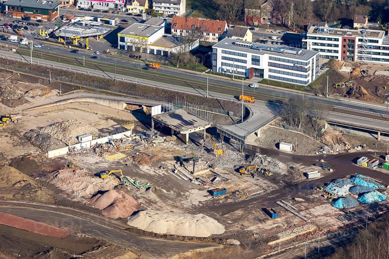 Aerial view, MARK 51Â°7 industrial estate, construction site former Opel site, Laer, Bochum, Ruhr area, North Rhine-Westphalia, Germany, expansion areas, construction, construction area, construction site, construction project, construction site, DEU, earthworks, renewal, development, Europe, Mark 51/7 industrial estate, capacity requirements, aerial view, aerial photography, aerial photography, Opel site, overview, bird's eye view, growth, becoming and growing, birds-eyes view, former Opel site, overview