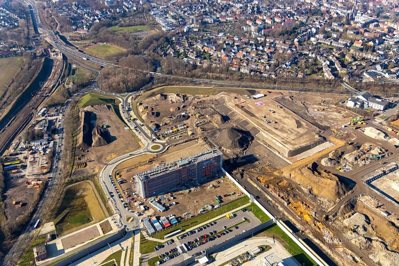 Aerial view, MARK 51Â°7 industrial estate, former Opel site with old administration building, Laer, Bochum, Ruhr area, North Rhine-Westphalia, Germany, expansion areas, construction, construction area, construction site, construction project, construction site, DEU, monument protection, earthworks, renewal, development, Europe, Mark 51/7 industrial estate, capacity requirements, roundabout, logistics, aerial view, aerial photography, aerial photography, new build, Opel site, Opelring 1, overview, administration, bird's-eye view, growth, becoming and growing, birds-eyes view, overview