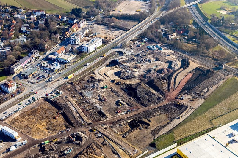 Aerial view, MARK 51Â°7 industrial estate, construction site former Opel site, construction site for further education centre, Alte Wittener Straße 50, Laer, Bochum, Ruhr area, North Rhine-Westphalia, Germany, Alte Wittener Straße, expansion areas, construction, construction area, construction site, construction project, construction site, DEU, earthworks, renewal, development, Europe, Mark 51/7 industrial estate, capacity requirements, aerial view, aerial photography, aerial photography, Opel site, overview, bird's-eye view, growth, becoming and growing, birds-eyes view, former Opel site, office 51°7, overview