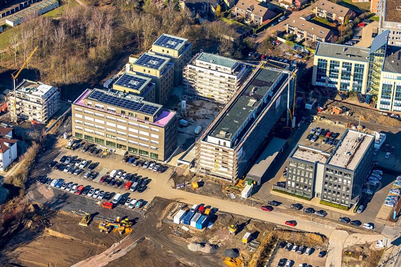 Aerial view, construction site and new building, residential area Seven Stones, Universitätsstraße, Wiemelhausen, Bochum, Ruhr area, North Rhine-Westphalia, Germany, 7 Stones, DEU, Europe, real estate, aerial view, aerial photography, aerial photography, Seven Stones, overview, bird's-eye view, residential complex, living and life, residential buildings, residential area Seven Stones Bochum, housing estate, housing shortage, birds-eyes view, overview