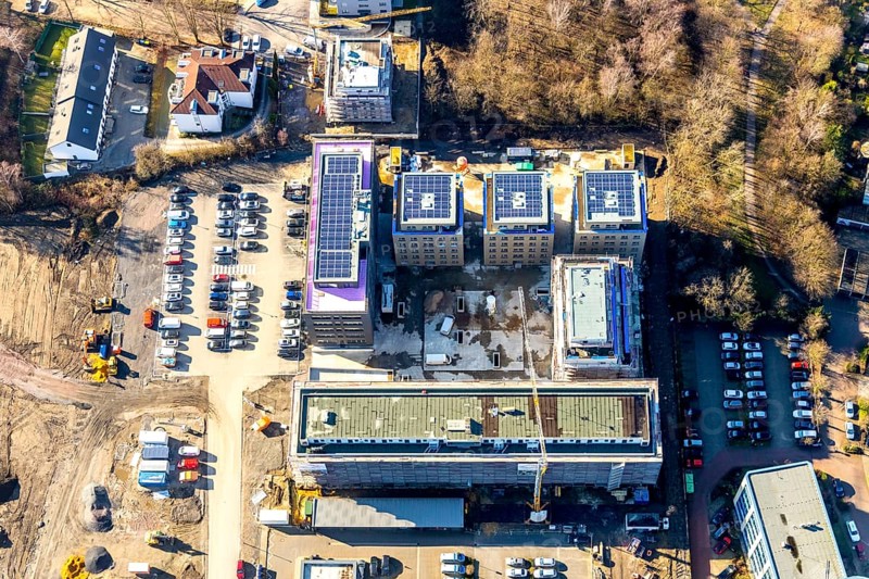Aerial view, construction site and new building, residential area Seven Stones, Universitätsstraße, Wiemelhausen, Bochum, Ruhr area, North Rhine-Westphalia, Germany, 7 Stones, DEU, Europe, real estate, aerial view, aerial photography, aerial photography, Seven Stones, overview, bird's-eye view, residential complex, living and life, residential buildings, residential area Seven Stones Bochum, housing estate, housing shortage, birds-eyes view, overview