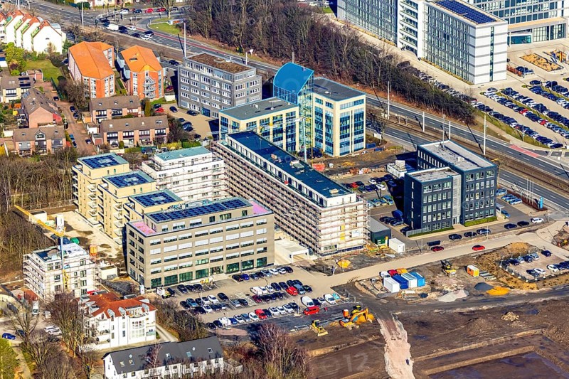 Aerial view, construction site and new building, residential area Seven Stones, Universitätsstraße, Wiemelhausen, Bochum, Ruhr area, North Rhine-Westphalia, Germany, 7 Stones, DEU, Europe, real estate, aerial view, aerial photography, aerial photography, Seven Stones, overview, bird's-eye view, residential complex, living and life, residential buildings, residential area Seven Stones Bochum, housing estate, housing shortage, birds-eyes view, overview