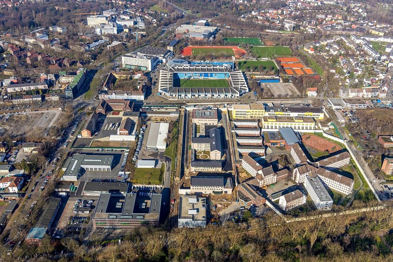 Aerial view, Vonovia Ruhrstadion, Bochum Krümmede prison, Grumme, Bochum, Ruhr area, North Rhine-Westphalia, Germany, arena, detention, Bochum Ruhrstadion, Castroper Straße, DE, Europe, imprisonment, prison sentence, football pitch, football stadium, football club, prison, detention, detention centre, prison sentence, correctional facility, aerial view, aerial photography, aerial photography, sports, sports facilities, sports field, sports facility, stadium, tennis, tennis facility, tennis courts, overview, custody, bird's-eye view, overview