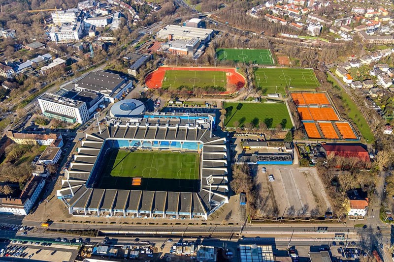 Aerial view, Vonovia Ruhrstadion, Grumme, Bochum, Ruhr area, North Rhine-Westphalia, Germany, arena, Bochum Ruhrstadion, Castroper Straße, DE, Europe, football pitch, football stadium, football club, aerial view, aerial photography, aerial photography, sports, sports facilities, sports field, sports venue, stadium, tennis, tennis facility, tennis courts, overview, bird's-eye view, bird's-eye view, overview