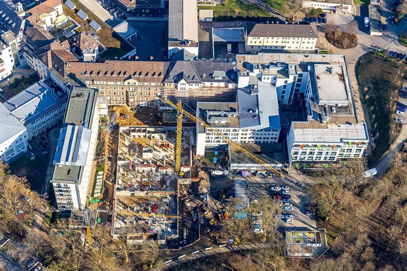 Aerial view, St. Josef Hospital Bochum, Ruhr University Hospital Bochum, construction site new building, Gudrunstraße, Grumme, Bochum, Ruhr area, North Rhine-Westphalia, Germany, construction area, construction site, building plots, construction project, construction site, DE, Europe, Clinic for Neurology at St. Josef Hospital Bochum, Clinic for Orthopaedics and Trauma Surgery at St. Josef Hospital Bochum, aerial view, aerial photography, aerial photography, new building, overview, bird's-eye view, overview