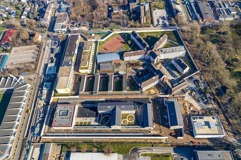 Aerial view, correctional facility Bochum Krümmede, Grumme, Bochum, Ruhr area, North Rhine-Westphalia, Germany, DE, Europe, imprisonment, prison, detention centre, prison sentence, correctional facility, aerial photograph, aerial photography, aerial photography, overview, custody, bird's eye view, birds-eyes view, overview, JVA
