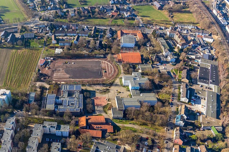 Aerial view, sports centre Westenfeld, construction site sports field, primary school Westenfeld, Hellweg-Schule Städt. Gymnasium, Maria-Sibylla-Merian-Gesamtschule, St.Nikolaus Kindergarten, Westenfeld, Bochum, Ruhr area, North Rhine-Westphalia, Germany, education, educational institution, DE, Europe, comprehensive school, primary school, primary tax, grammar school, real estate, kindergarten, teaching institute, aerial photograph, aerial photography, aerial photography, school, overview, bird's eye view, residential complex, living and life, residential area, residential buildings, housing estate, birds-eyes view, overview