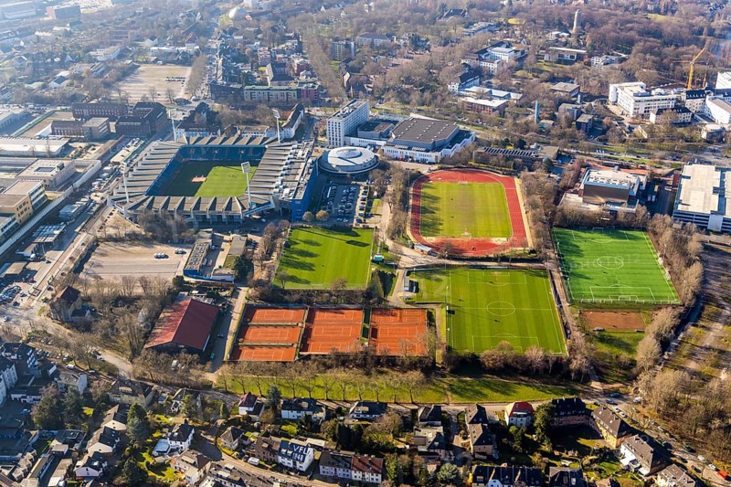 Aerial view, Vonovia Ruhrstadion, Grumme, Bochum, Ruhr area, North Rhine-Westphalia, Germany, arena, Bochum Ruhrstadion, Castroper Straße, DE, Europe, football pitch, football stadium, football club, aerial view, aerial photography, aerial photography, sports, sports facilities, sports field, sports venue, stadium, tennis, tennis facility, tennis courts, overview, bird's-eye view, bird's-eye view, overview