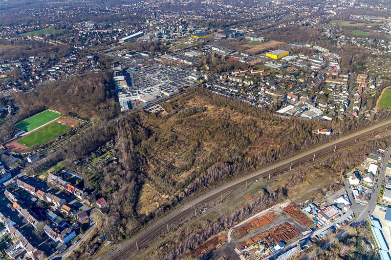 Aerial photograph, Hannibal slag heap, Phönixberg, Hofstede, Bochum, Ruhr area, North Rhine-Westphalia, Germany, DE, Dorstener Straße, Europe, slag heap, allotment garden site In der Provitze, aerial photograph, aerial photography, aerial photography, park, sports club Phönix Bochum 1910 e.V., overview, bird's-eye view, woodland, birds-eyes view, overview