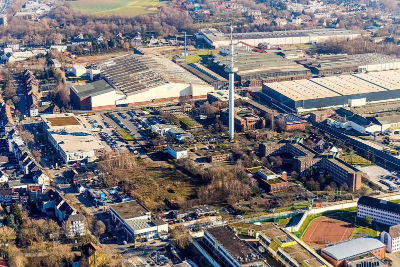 Aerial photograph, Deutsche Telekom AG site, Karl-Lange-Straße, potential mosque site, Grumme, Bochum, Ruhr area, North Rhine-Westphalia, Germany, Castroper Straße, DE, Deutsche Telekom AG, Europe, telecommunications tower, aerial photograph, aerial photography, aerial photography, Museum Telekom-Historik, overview, bird's-eye view, birds-eyes view, overview