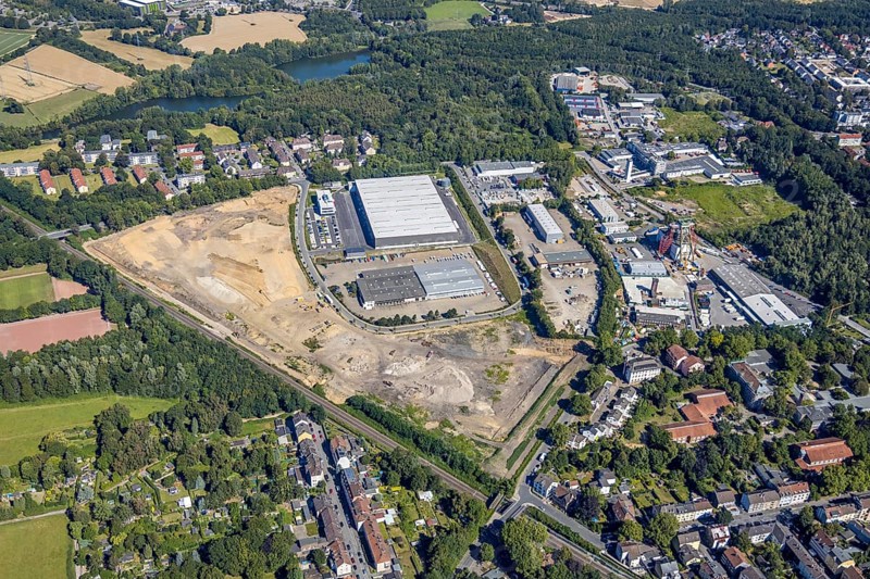 Aerial photo, Robert Müser industrial estate, Robert Müser colliery, Flaschenpost, Deufol Bochum GmbH, Bochum, Ruhr area, North Rhine-Westphalia, Germany, DE, Europe, birds-eyes view, aerial photo, aerial photography, aerial photography, overview, overview, bird's eye view, urban planning, reconstruction measures, construction site, overplanning