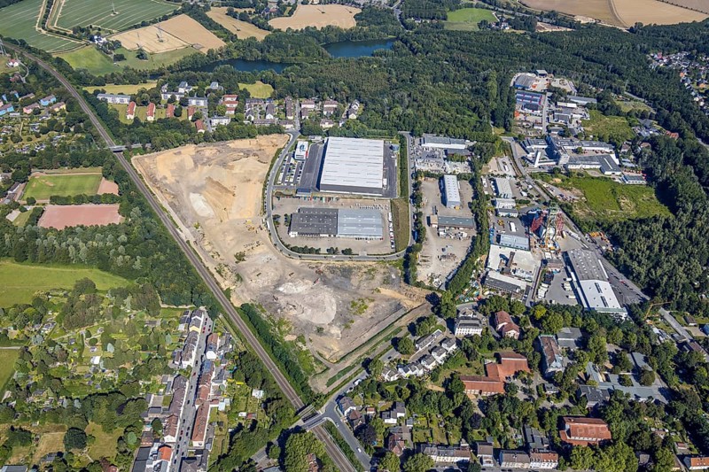 Aerial photo, Robert Müser industrial estate, Robert Müser colliery, Flaschenpost, Deufol Bochum GmbH, Bochum, Ruhr area, North Rhine-Westphalia, Germany, DE, Europe, birds-eyes view, aerial photo, aerial photography, aerial photography, overview, overview, bird's eye view, urban planning, reconstruction measures, construction site, overplanning
