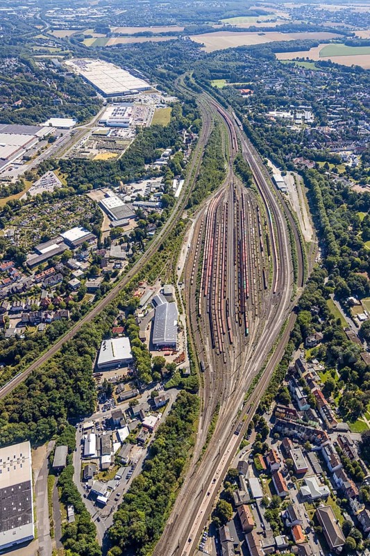 Aerial view, freight station Bochum-Langendreer, Bochum, Ruhr area, North Rhine-Westphalia, Germany, DE, Europe, birds-eyes view, aerial photography, aerial photography, overview, bird's eye view, urban planning, reconstruction measures, construction site, overplanning