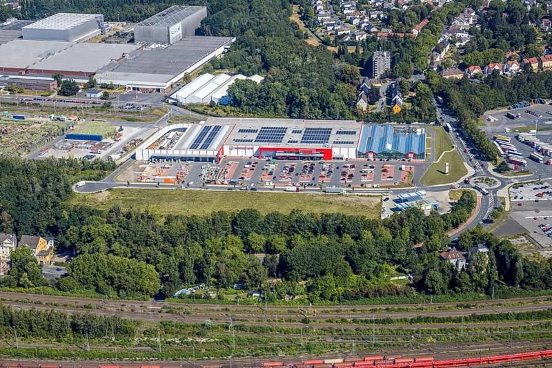 Aerial view, Hagebaumarkt Ziesak, Opel Warehouse Bochum, Langendreer, Bochum, Ruhr area, North Rhine-Westphalia, Germany, DE, Europe, birds-eyes view, aerial photography, aerial photography, overview, overview, bird's eye view, urban planning, reconstruction measures, construction site, overplanning