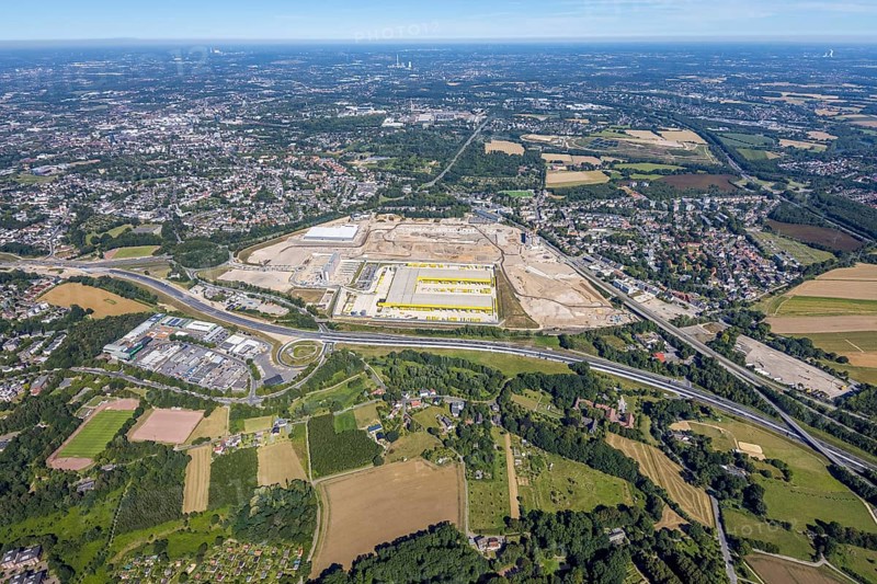 Aerial photo, MARK 51°7, new building Zess, Nordhausen-Ring and motorway A448, Laer, Bochum, Ruhr area, North Rhine-Westphalia, Germany, DE, Europe, birds-eyes view, aerial photo, aerial photography, aerial photography, overview, overview, bird's eye view, urban planning, reconstruction measures, construction site, overplanning