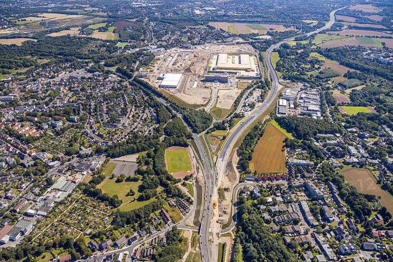 Aerial photo, MARK 51°7, new building Zess, Nordhausen-Ring and motorway A448, Laer, Bochum, Ruhr area, North Rhine-Westphalia, Germany, DE, Europe, birds-eyes view, aerial photo, aerial photography, aerial photography, overview, overview, bird's eye view, urban planning, reconstruction measures, construction site, overplanning