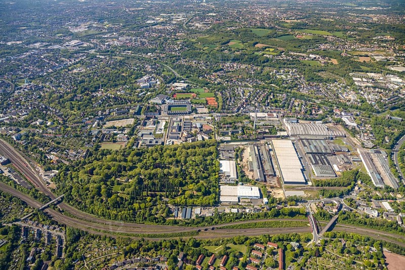 Aerial view, thyssenkrupp Steel Europe AG Bochum plant, Bochum prison, Vonovia Ruhrstadion, football stadium Castroper Straße, Grumme, Bochum, Ruhr area, North Rhine-Westphalia, Germany, arena, detention, Castroper Straße, DE, Europe, imprisonment, prison sentence, football pitch, football stadium, football club, prison, custody, commercial area, commercial area, commercial use, prison, prison sentence, industrial facilities, industrial area, industrial site, correctional facility, aerial view, aerial photography, aerial photography, production facilities, production halls, sports, sports facilities, sports field, sports facility, stadium, overview, custody, bird's eye view, birds-eyes view, overview