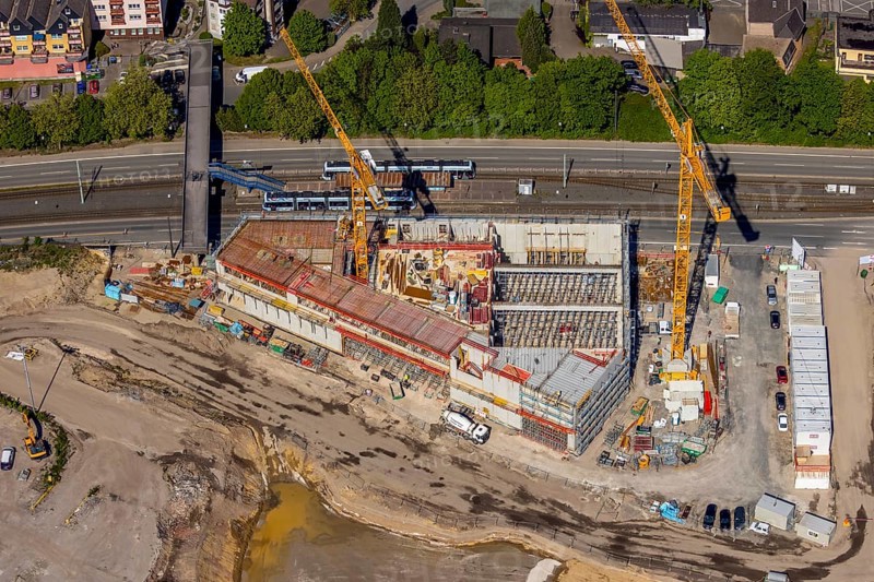 Aerial view, construction site former Opel site, Hans-Dobbertin-Straße, Laer, Bochum, Ruhr area, North Rhine-Westphalia, Germany, expansion areas, construction, construction area, construction site, construction crane, construction project, construction site, DE, earthworks, renewal, development, Europe, Mark 51/7 industrial estate, capacity requirements, aerial view, aerial photography, aerial photography, Opel site, overview, bird's-eye view, growth, becoming and growing, birds-eyes view, former Opel site, overview