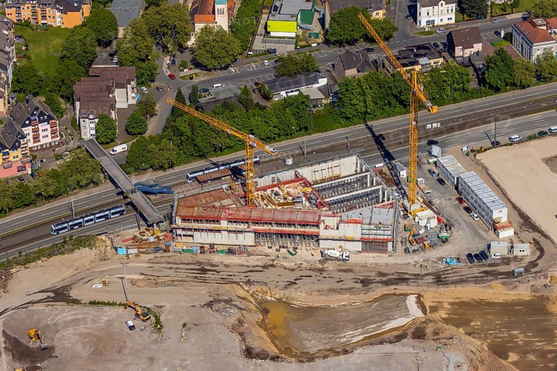 Aerial view, construction site former Opel site, Hans-Dobbertin-Straße, Laer, Bochum, Ruhr area, North Rhine-Westphalia, Germany, expansion areas, construction, construction area, construction site, construction crane, construction project, construction site, DE, earthworks, renewal, development, Europe, Mark 51/7 industrial estate, capacity requirements, aerial view, aerial photography, aerial photography, Opel site, overview, bird's-eye view, growth, becoming and growing, birds-eyes view, former Opel site, overview