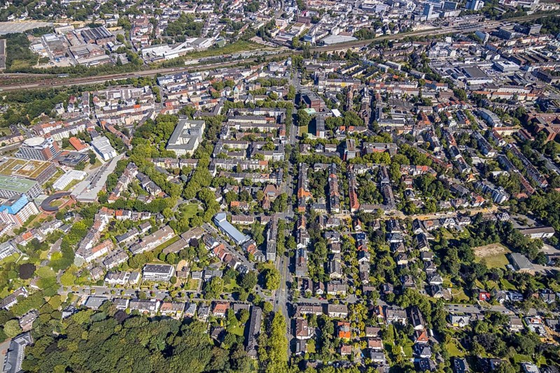 Aerial view, Ehrenfeld, Romanusplatz, Wiemelhausen, Bochum, Ruhr area, North Rhine-Westphalia, Germany, DE, Europe, birds-eyes view, aerial photography, aerial photography, overview, bird's eye view, urban planning, reconstruction measures, construction site, overplanning