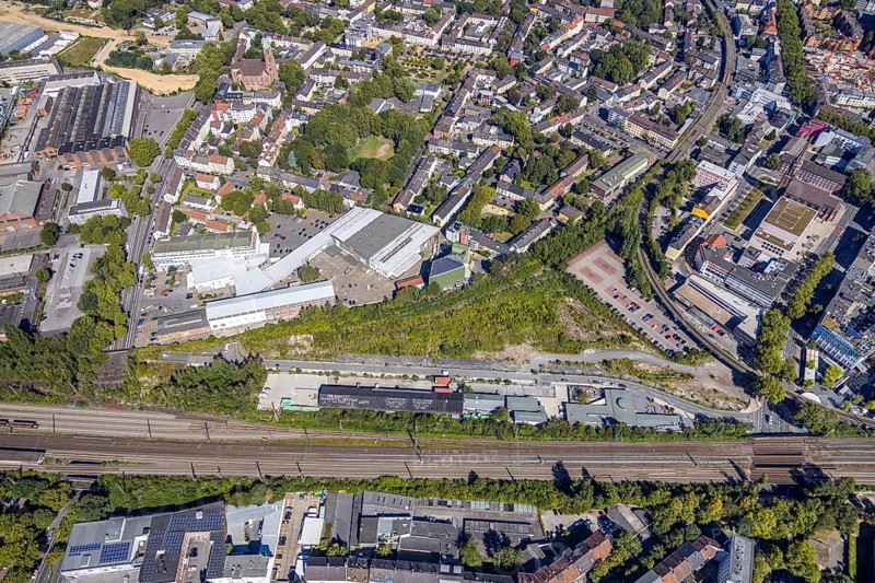 Aerial view, City-Tor Süd, Kruppwerke, Rotunde Bochum, RIFF - Veranstaltungs-GmbH, Bochum, Ruhr area, North Rhine-Westphalia, Germany, DE, Europe, birds-eyes view, aerial photography, aerial photography, overview, overview, bird's eye view, urban planning, reconstruction measures, construction site, overplanning