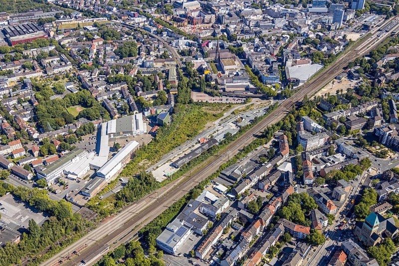 Aerial view, City-Tor Süd, Kruppwerke, Rotunde Bochum, RIFF - Veranstaltungs-GmbH, Bochum, Ruhr area, North Rhine-Westphalia, Germany, DE, Europe, birds-eyes view, aerial photography, aerial photography, overview, overview, bird's eye view, urban planning, reconstruction measures, construction site, overplanning