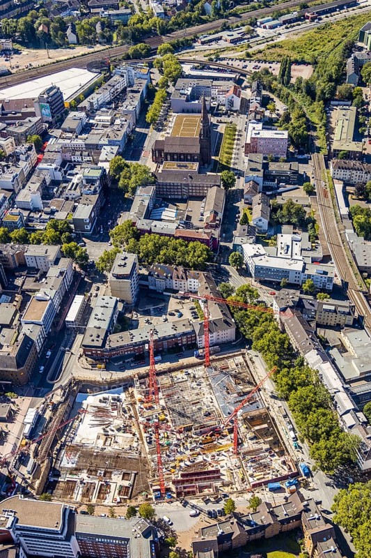 Aerial view, city hall Bochum, Telekomblock and BVZ area, Gleisdreieck, Bochum, Ruhr area, North Rhine-Westphalia, Germany, DE, Europe, birds-eyes view, aerial view, aerial photography, aerial photography, overview, bird's eye view, urban planning, reconstruction measures, construction site, overplanning