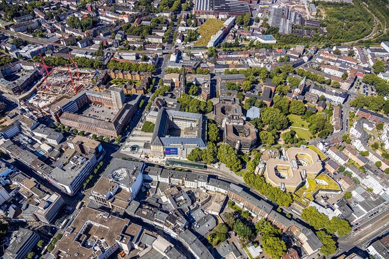 Aerial view, city hall Bochum, Telekomblock and BVZ area, Gleisdreieck, Bochum, Ruhr area, North Rhine-Westphalia, Germany, DE, Europe, birds-eyes view, aerial view, aerial photography, aerial photography, overview, bird's eye view, urban planning, reconstruction measures, construction site, overplanning