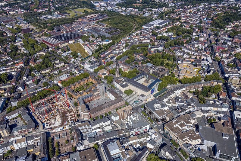 Aerial view, city hall Bochum, Telekomblock and BVZ area, Gleisdreieck, Bochum, Ruhr area, North Rhine-Westphalia, Germany, DE, Europe, birds-eyes view, aerial view, aerial photography, aerial photography, overview, bird's eye view, urban planning, reconstruction measures, construction site, overplanning
