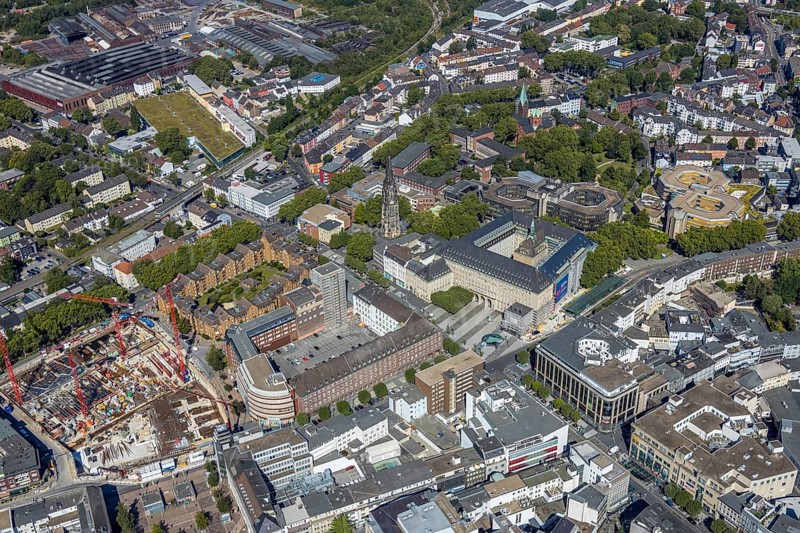 Aerial view, city hall Bochum, Telekomblock and BVZ area, Gleisdreieck, Bochum, Ruhr area, North Rhine-Westphalia, Germany, DE, Europe, birds-eyes view, aerial view, aerial photography, aerial photography, overview, bird's eye view, urban planning, reconstruction measures, construction site, overplanning