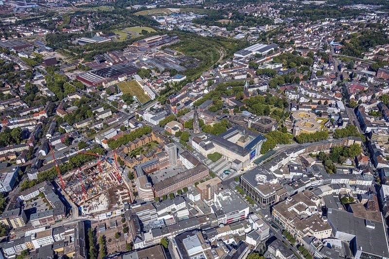 Aerial view, city hall Bochum, Telekomblock and BVZ area, Gleisdreieck, Bochum, Ruhr area, North Rhine-Westphalia, Germany, DE, Europe, birds-eyes view, aerial view, aerial photography, aerial photography, overview, bird's eye view, urban planning, reconstruction measures, construction site, overplanning