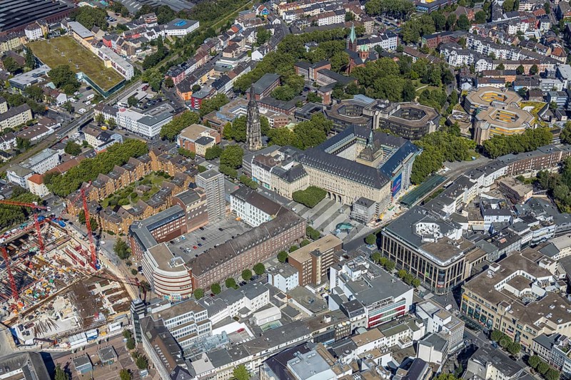 Aerial view, city hall Bochum, Telekomblock and BVZ area, Gleisdreieck, Bochum, Ruhr area, North Rhine-Westphalia, Germany, DE, Europe, birds-eyes view, aerial view, aerial photography, aerial photography, overview, bird's eye view, urban planning, reconstruction measures, construction site, overplanning