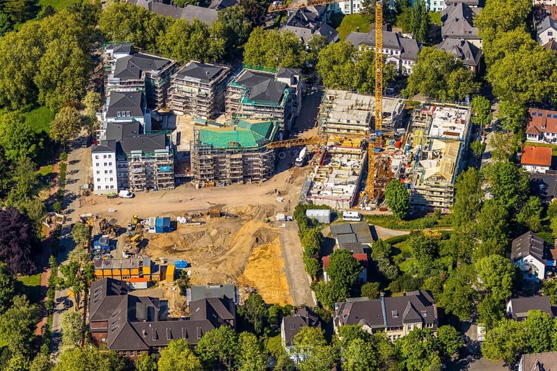 Aerial view, construction site residential quarter Wielandstraße, former RWE administrative headquarters, Bochum, Ruhr area, North Rhine-Westphalia, Germany, DE, Europe, commercial buildings, property tax, real estate, aerial view, aerial photography, aerial photography, apartment buildings, overview, bird's eye view, residential complex, residential buildings, residential quarter, housing shortage, birds-eyes view, new catering areas, new commercial units, new residential units, overview