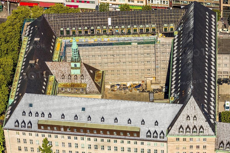 Aerial view, renovation of Bochum town hall with carillon, Willy-Brandt-Platz, Bochum, Ruhr area, North Rhine-Westphalia, Germany, authority, DE, Europe, aerial view, aerial photography, aerial photography, town hall, city administration, overview, administration area, bird's eye view, birds-eyes view, overview