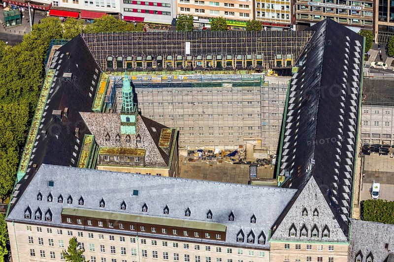 Aerial view, renovation of Bochum town hall with carillon, Willy-Brandt-Platz, Bochum, Ruhr area, North Rhine-Westphalia, Germany, authority, DE, Europe, aerial view, aerial photography, aerial photography, town hall, city administration, overview, administration area, bird's eye view, birds-eyes view, overview