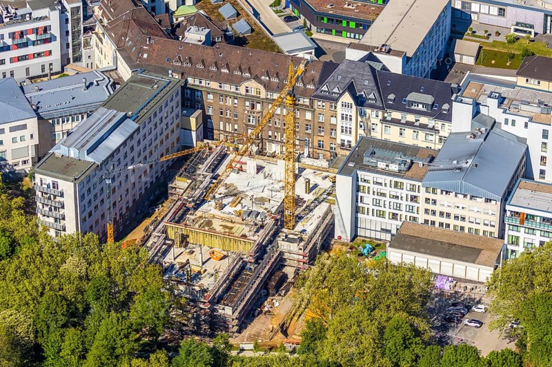 Aerial view, St. Josef-Hospital - Catholic Hospital Bochum, construction site new surgery wing, Grumme, Bochum, Ruhr area, North Rhine-Westphalia, Germany, construction area, building site, building plots, construction project, construction site, DE, Europe, Gudrunstraße, Catholic Hospital Bochum, Clinic for Neurology at St. Josef Hospital Bochum, Clinic for Orthopaedics and Trauma Surgery at St. Josef Hospital Bochum, Clinic of the Ruhr University Bochum, aerial view, aerial photography, aerial photography, new building, overview, University Hospital of the Ruhr University Bochum, bird's eye view, birds-eyes view, overview