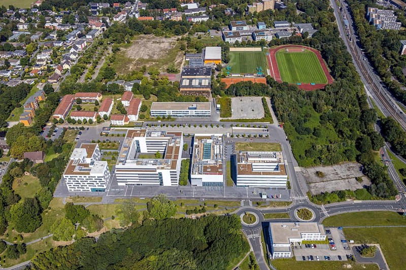 Aerial view, health campus north, neighbourhood at health campus Bochum, Wiemelhausen, Bochum, Ruhr area, North Rhine-Westphalia, Germany, DE, Europe, birds-eyes view, aerial photograph, aerial photography, aerial photography, overview, overview, bird's eye view, urban planning, reconstruction measures, construction site, overplanning