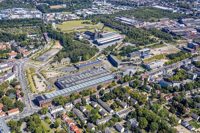 Aerial view, city centre west, Westpark, Jahrhunderthalle, Gahlensche Straße, Alleestraße, Kruppwerke, Bochum, Ruhr area, North Rhine-Westphalia, Germany, DE, Europe, birds-eyes view, aerial photograph, aerial photography, aerial photography, overview, overview, bird's eye view, urban planning, reconstruction measures, construction site, overplanning