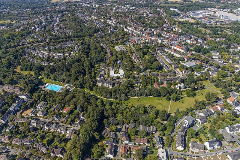 Schwimmverein Blau-Weiß Bochum 1896 e. V., Freibad Am Wiesengrund, Schwimmerbecken, Wassergymnastik, Wiemelhausen, Bochum, Ruhr Area, North Rhine-Westphalia, Deutschland, DE, Europa, aerial view, birds-eyes view, Luftaufnahme, Luftbildfotografie, Luftfotografie, overview, Übersicht, Vogelperspektive